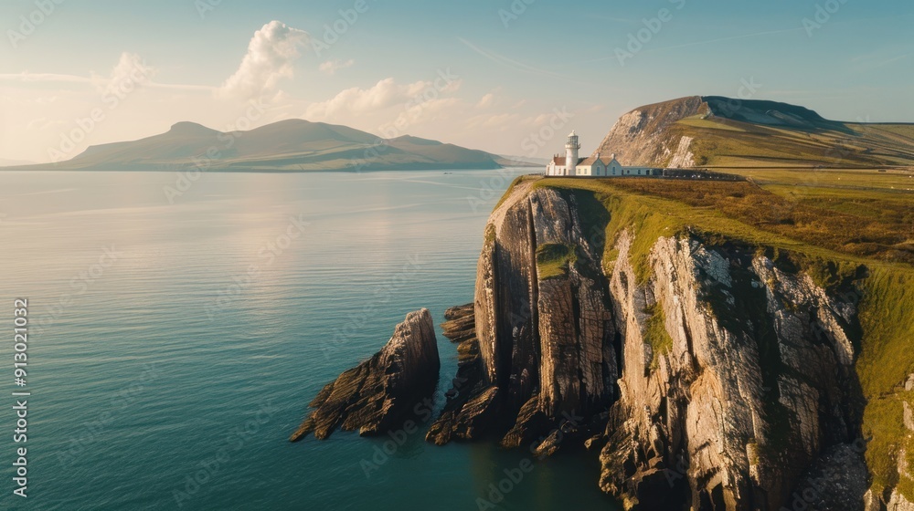 Poster Lighthouse on Cliff overlooking Ocean.