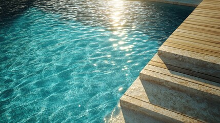 Obraz premium Swimming pool with clear blue water, stairs, and a sunlit wooden deck. -
