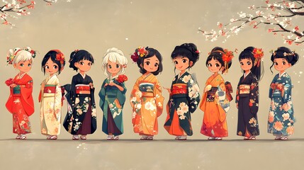 Cartoon characters celebrating Coming of Age Day with kimonos ceremonies and photo sessions
