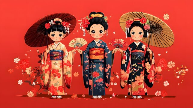 Cartoon characters celebrating Coming of Age Day with kimonos ceremonies and photo sessions