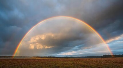 Magnificent rainbow arching through a stormy sky, with radiant clouds and sunlight breaking through, creating a breathtaking natural spectacle above a tranquil meadow