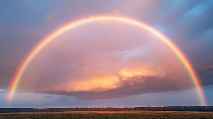 Naklejka premium Magnificent rainbow arching through a stormy sky, with radiant clouds and sunlight breaking through, creating a breathtaking natural spectacle above a tranquil meadow