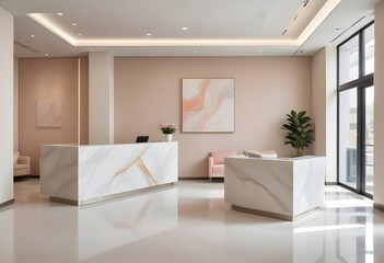 A modern, spacious lobby or reception area with a minimalist and contemporary design. The room has a high ceiling with wooden beams, white walls, and large windows that let in plenty of natural light.