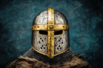 Ancient knight helmet with chainmail fur on blue backdrop