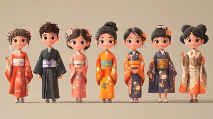 Cartoon characters celebrating Coming of Age Day with kimonos ceremonies and photo sessions