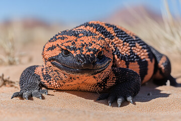 Fototapeta premium A Gila monster resting on a sandy desert floor.