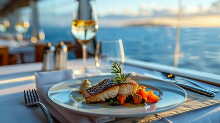 Gourmet meal served with wine on a cruise ship - Powered by Adobe