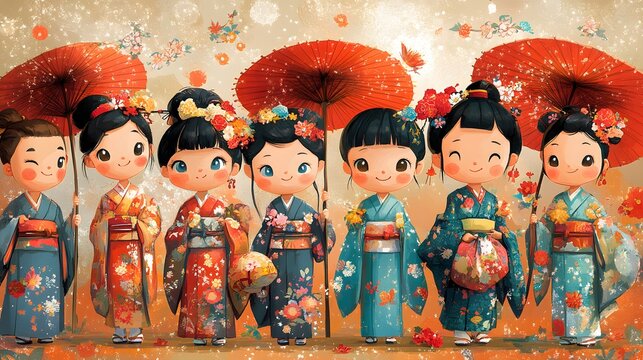 Cartoon characters celebrating Coming of Age Day with kimonos ceremonies and photo sessions