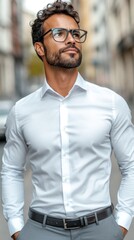 Obraz premium Man in white shirt confidently standing outdoors.