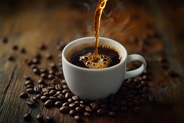 A steaming cup of freshly brewed coffee being poured