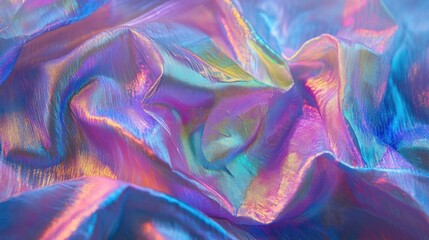 Vibrant iridescent fabric collage with holographic textures, perfect for creative backdrops.
