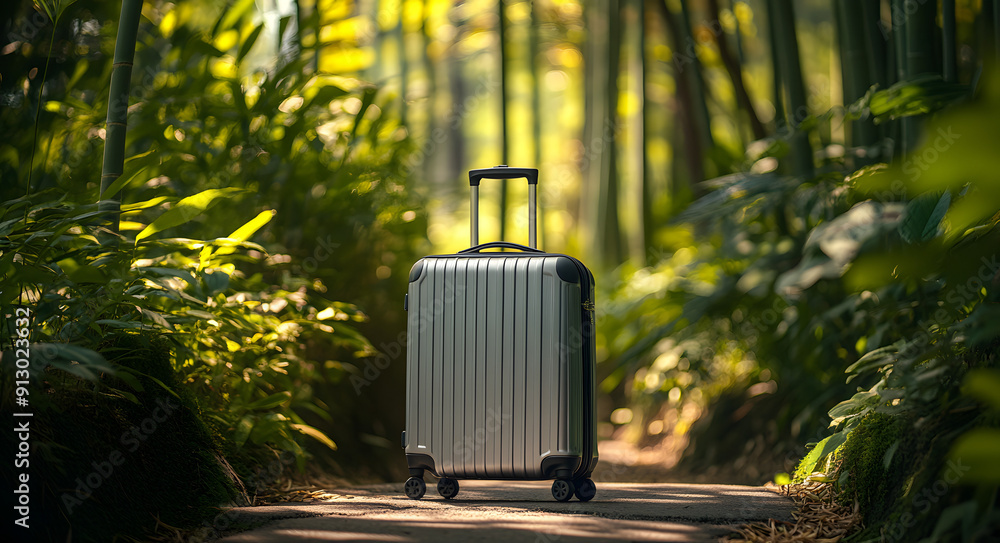 Wall mural silver metallic suitcase on bamboo forest floor