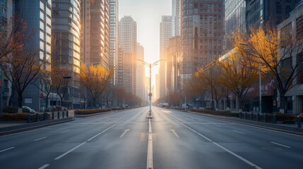 Empty city street at sunrise with tall buildings