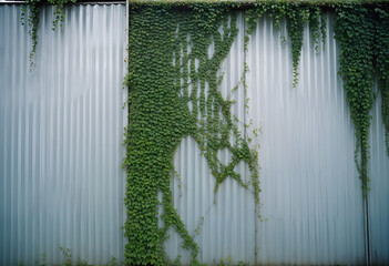Geometric Pattern of Ivy-Covered Corrugated Metal Wall Against Cloudy Sky