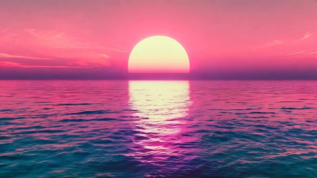 Tranquil sea at neon sunset. Summer vacation concept. Retrowave, synthwave, vaporwave aesthetics. Retro style, webpunk, retrofuturism. Calmness, sense of tranquility