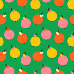 Bold hand drawn 1960s vintage pink yellow orange apples with leaves on retro grass green