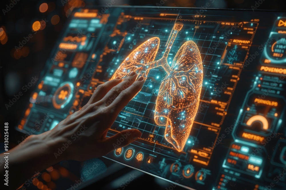 Poster a hand interacting with a digital interface displaying a 3d model of the human lungs.
