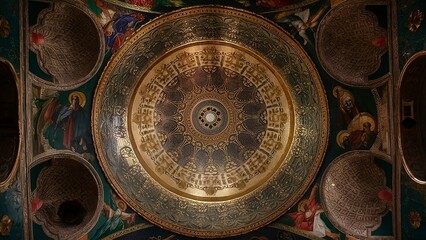 Naklejka premium A Byzantine Revival-style background with elaborate mosaics, deep, jewel-toned colors, and gold accents. Incorporate religious and historical motifs for a rich, opulent feel.