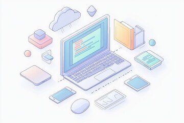 A laptop with a coding screen, surrounded by a smartphone, a mouse, a keyboard, a tablet, a server, and a cloud icon.