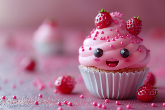 Happy smiling cupcake. Cartoon 3D dessert. Fun children's concept.
