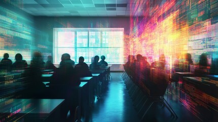 Abstract digital classroom with data streams flowing through students, schooling, data integration