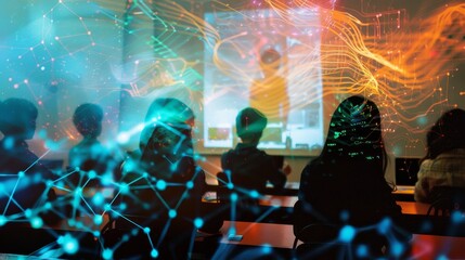 Abstract digital classroom with data streams flowing through students, schooling, data integration