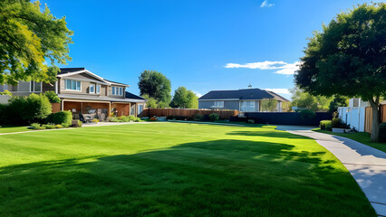 Naklejka premium nice open empty backyard with green grass blue sky no trees 
