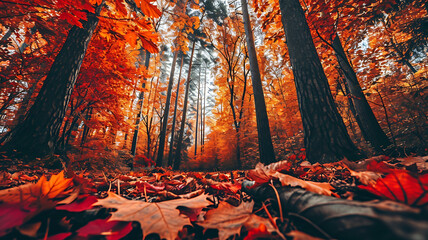 A Tranquil Image of a Forest in Autumn with Falling Leaves





