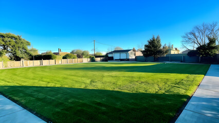 Fototapeta premium nice open empty backyard with green grass blue sky no trees 