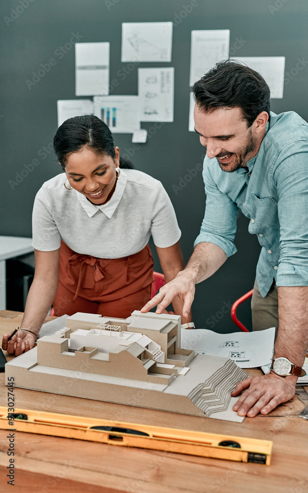 Poster architecture, office and people with 3d model of building for business, development or project plann