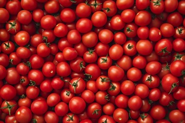 A vibrant, full-texture image of red tomatoes creating a rich, red vegetable background