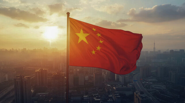 The chinese flag proudly flies over a vibrant urban landscape, blending tradition with modern architecture in a bustling city at sunset - Powered by Adobe