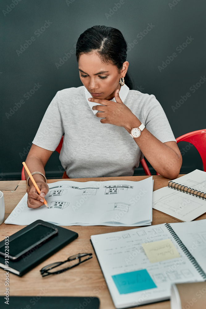 Poster notes, architecture and woman at desk with thinking, tech and project management in creative develop
