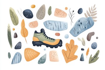 Doodle of a hiking boot print on a path with surrounding nature elements like leaves and pebbles, pastel colors.