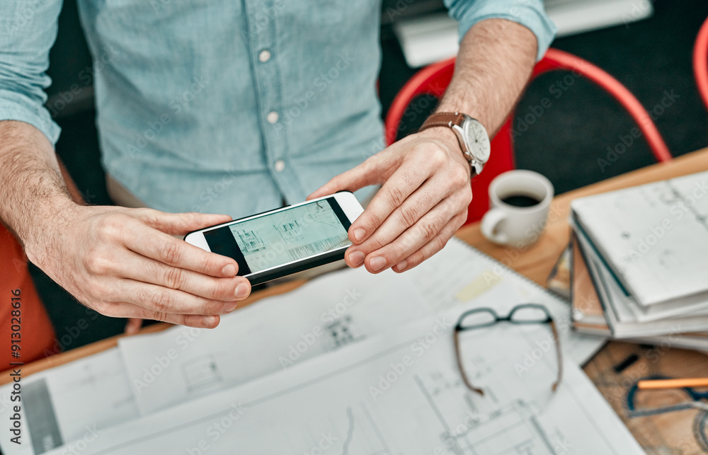 Poster Hands, architect and blueprint with phone with document for communication on screen, picture or review. Person, engineer and floor plan with mobile app, development and design at construction agency