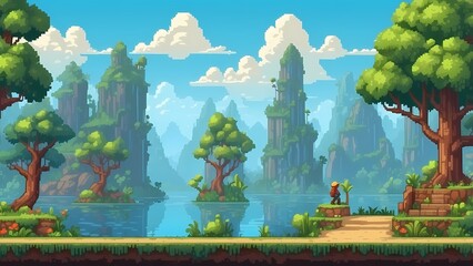Game assets background RPG Gaming Battle Scene Beautiful day in Pixel 8bits 16bits 32 bits