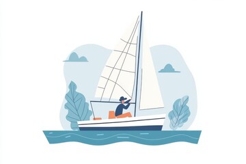 Doodle of a person adjusting the sail on a sailboat, simple illustration, cute design, centered composition, pastel colors, white background