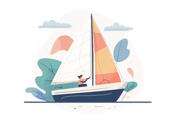 Doodle of a person adjusting the sail on a sailboat, simple illustration, cute design, centered composition, pastel colors, white background