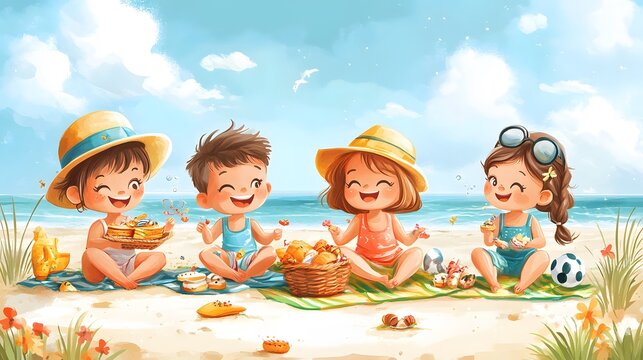 Cartoon kids celebrating Marine Day with beach games picnics and sunshine