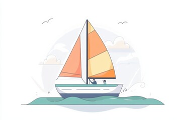 Fototapeta premium Doodle of a person steering a sailboat with a colorful sail, simple illustration, cute design, centered composition, pastel colors, white background