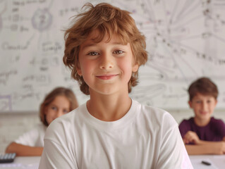 The image portrays a young boy, likely a student, in a white shirt smiling at the camera in a classroom setting with other children out of focus in the background.