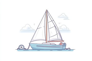 Doodle of a sailboat with a nautical compass and ropes on deck, simple illustration, cute design, centered composition, pastel colors, white background