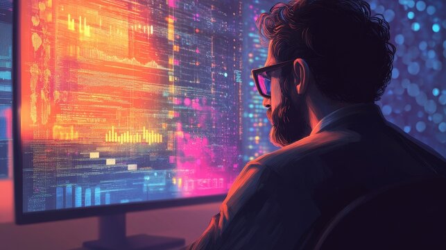 Data scientist analyzing complex algorithms, Insight, Showcasing the role of data science in modern research