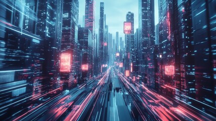 Fototapeta premium Digital asset flowing through a futuristic cityscape, Assets, urban digital assets