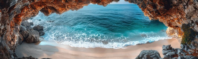 View of a beach from inside a cave, Travel concept, Banner, Nature background, Copy space