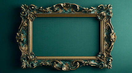 Empty ornate gold antique picture frame on a green wall offers space for your own message