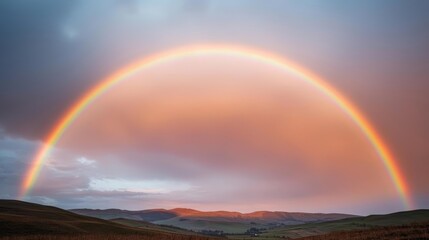 Stunning rainbow arching across a dramatic sky, with radiant clouds and sunlight illuminating a breathtaking natural spectacle over rolling hills