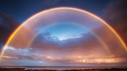 Stunning rainbow arching across a dramatic sky, with radiant clouds and sunlight illuminating a breathtaking natural spectacle over rolling hills