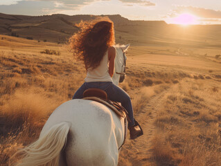 A woman on a white horse rides through a field of tall grass at sunset.