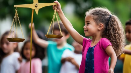 Diverse children playing with a giant scale of justice, justice for future, educating youth on global justice